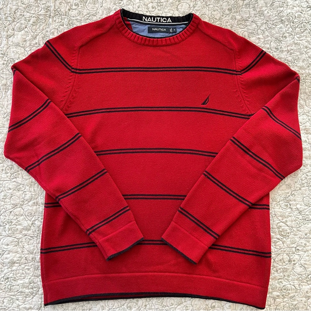 Nautica Men's Striped Red Classic Crewneck Sweater 100% Cotton Preppy GQ Sailing